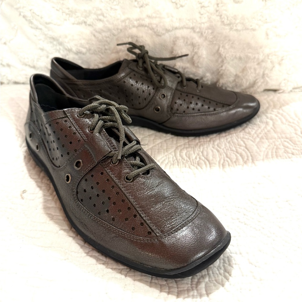 Stuart Weitzman pewter leather mod lace up oxfords loafers shoes 8 1/2M NWOB